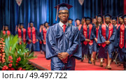 A man wearing a graduation cap and gown, celebrating his academic achievement with pride and accomplishment. Стоковое AI-изображение, AI-художник Данила Большаков / Фотобанк Лори