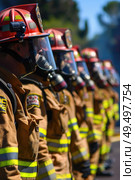 A line of firefighters dressed in protective gear and helmets, standing ready for action in a row. Стоковое AI-изображение, AI-художник Данила Большаков / Фотобанк Лори