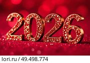 The banner. Happy New Year and Merry Christmas. Shiny numbers from 2026, sequins and a beautiful side on a dark red background. The flyer. Invitation. Стоковое AI-изображение, AI-художник Photojuli / Фотобанк Лори