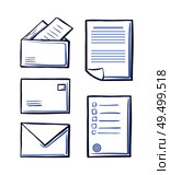 Office messages and envelopes with pages vector. Monochrome sketches outline isolated icons set of papers and documentation. Postal signs on sheets. Office Messages and Envelopes with Pages Vector. Стоковая иллюстрация, агентство Ingram Publishing / Фотобанк Лори