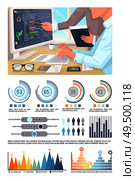Infographics, analyzed data by office workers pointing to presentation vector. Visual information, pie diagrams and schemes with numeric info data. Infographics, Analyzed Data by Office Workers. Стоковая иллюстрация, агентство Ingram Publishing / Фотобанк Лори