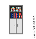 Chest of drawers, bookcase medicaments isolated icon vector. Hall decorative items, collection of bottles with curing pills, pets animals treatment. Chest of Drawers, Bookcase with Medicaments Icon. Стоковая иллюстрация, агентство Ingram Publishing / Фотобанк Лори