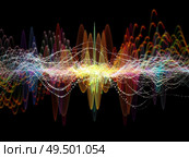Wave Function series. Design made of colored sine vibrations, light and fractal elements to serve as backdrop for projects related to sound equalizer, music spectrum and  quantum probability. Стоковое фото, агентство Ingram Publishing / Фотобанк Лори