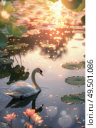 A swan gracefully glides through a pond filled with green lily pads, showcasing its elegance in a natural setting. Стоковое AI-изображение, AI-художник Данила Большаков / Фотобанк Лори