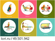 Tanning procedure in spa beauty salon tan gaining in solarium set vector. Nails treatment, pedicure and manicure, hair styling hairdo client making. Tanning Procedure in Spa Salon Tan Gaining Vector. Стоковая иллюстрация, агентство Ingram Publishing / Фотобанк Лори