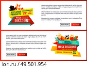 Special promotion mega discount posters set. Buy now exclusive product only one day autumnal proposition. Natural quality products autumn offer vector. Special Promotion Discount Vector Illustration. Стоковая иллюстрация, агентство Ingram Publishing / Фотобанк Лори