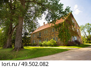 Aged Home. A old brick house wall covered by grape ivy (parthenocissus tricuspidata) in Sigulda, Turaida, Europe, Latvia. Стоковое фото, агентство Ingram Publishing / Фотобанк Лори