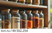 A modern pantry shelf organized with jars of gourmet ingredients truffle salt, smoked paprika, yuzu powder sunlight filtering. Стоковое AI-видео, аниматор Sergey Grishin / Фотобанк Лори