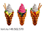 Bubble hong kong waffles with fruits realistic set of isolated ice-cream images with different toppings vector illustration. Стоковая иллюстрация, агентство Ingram Publishing / Фотобанк Лори