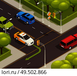 Driving school isometric composition with outdoor scenery of urban road intersection with training car and arrow vector illustration. Стоковая иллюстрация, агентство Ingram Publishing / Фотобанк Лори