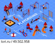 Isometric kids playground flowchart composition with ladders seesaws and characters of kids with editable text captions vector illustration. Стоковая иллюстрация, агентство Ingram Publishing / Фотобанк Лори