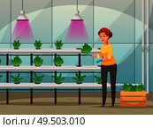 Greenhouse farming background with led light nutrients cartoon vector illustration. Стоковая иллюстрация, агентство Ingram Publishing / Фотобанк Лори