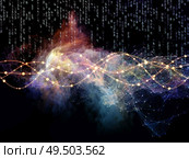 Oscillating sine waves, numbers, lights and network nodes backdrop on the subject of networking and information technology. Стоковое фото, агентство Ingram Publishing / Фотобанк Лори