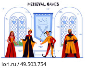 Medieval kingdom court jester in fools hat entertaining monarch juggling joking flat colorful royal characters vector illustration . Стоковая иллюстрация, агентство Ingram Publishing / Фотобанк Лори