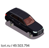 Transport composition with black car without tyres and with broken wind screen on white background 3d isometric vector illustration. Стоковая иллюстрация, агентство Ingram Publishing / Фотобанк Лори