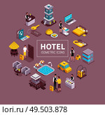 Hotel building facilities isometric elements circular composition with cleaning service swimming pool porter taxi reception vector illustration. Стоковая иллюстрация, агентство Ingram Publishing / Фотобанк Лори