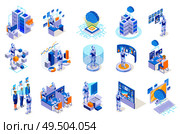 Robotic process automation isometric icons collection with isolated images of robots working with futuristic computer interfaces vector illustration. Стоковая иллюстрация, агентство Ingram Publishing / Фотобанк Лори