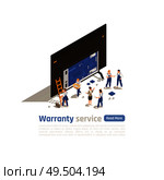 Warranty service isometric landing page with big icon of gadget stripped for parts and small figurines of technical specialists vector illustration. Стоковая иллюстрация, агентство Ingram Publishing / Фотобанк Лори