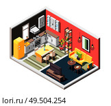 Loft interior isometric composition with overview of cozy studio apartment split into kitchen and living zones vector illustration. Стоковая иллюстрация, агентство Ingram Publishing / Фотобанк Лори
