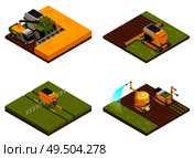 Agricultural robots concept 4 isometric compositions with hoeing plowing planting  watering fertilizing and harvesting machinery vector illustration. Стоковая иллюстрация, агентство Ingram Publishing / Фотобанк Лори