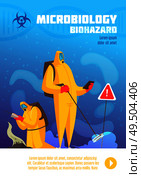 Microbiology poster with polluted land being observed by people in biohazard suites with symbols and text vector illustration. Стоковая иллюстрация, агентство Ingram Publishing / Фотобанк Лори