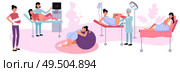 Childbirth and maternity design concept with medical staff examining pregnant women and delivering babies in hospital flat vector illustration. Стоковая иллюстрация, агентство Ingram Publishing / Фотобанк Лори