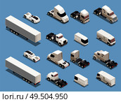 Auto transport freight commercial vehicles isometric icons set with trucks trailers lorries vans sport cars vector illustration. Стоковая иллюстрация, агентство Ingram Publishing / Фотобанк Лори