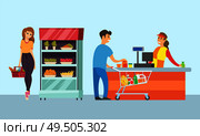 Supermarket store cashier and customers buying food vector. Lady by refrigerator with carrot and apples, holding basket with bread. Food shopping. Supermarket Store Cashier and Customers Vector. Стоковая иллюстрация, агентство Ingram Publishing / Фотобанк Лори