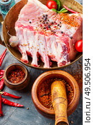 Ribs and pork chops uncooked.Fresh,raw meat and spices. Pork ribs rack. Стоковое фото, агентство Ingram Publishing / Фотобанк Лори