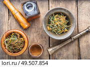 Hypericum perforatum.Healing herbs on wooden table.Medicinal plant. Dry yellow flowers Hypericum. Стоковое фото, агентство Ingram Publishing / Фотобанк Лори