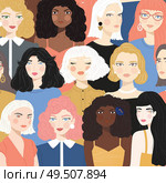 Group of portraits of diverse women, fight for equality concept, feminism, flat vector illustration. Стоковая иллюстрация, агентство Ingram Publishing / Фотобанк Лори