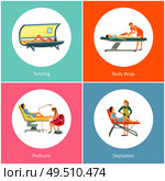 Tanning and body wrap wrapping in salon for health improvement and detoxing. Set of pedicure master and depilation procedure legs epilation vector. Tanning and Body Wrap Wrapping in Salon Set Vector. Стоковая иллюстрация, агентство Ingram Publishing / Фотобанк Лори