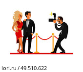 Paparazzi taking photo of celebrities couple on red carpet. Movie stars or singers and photographer with digital camera vector illustration isolated.. Paparazzi Taking Shot of Celebrities on Red Carpet. Стоковая иллюстрация, агентство Ingram Publishing / Фотобанк Лори