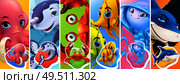 Fish and sea animals. Shark, octopus, jellyfish, crab, narwhal. Cartoon character 3d vector icon set. Стоковая иллюстрация, агентство Ingram Publishing / Фотобанк Лори