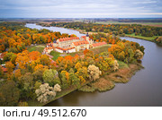 Autumn aerial view of Medieval castle in Nesvizh. Colorful maple park in Niasvizh ancient town. Minsk Region, Belarus. Стоковое фото, агентство Ingram Publishing / Фотобанк Лори