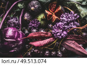 Background of purple food with fruits and vegetables, close up. Стоковое фото, агентство Ingram Publishing / Фотобанк Лори