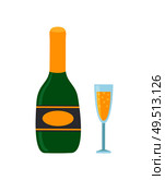 Bottle and glass of sparkling wine or champagne. Vector cartoon clipart of pinchbottle. Holiday beverage, alcoholic drink element for banner or poster. Bottle and Glass of Sparkling Wine or Champagne. Стоковая иллюстрация, агентство Ingram Publishing / Фотобанк Лори