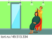 Hair styling poster with woman sitting in chair and hairdresser winds locks on curlers in spa salon interior vector. Female making hairstyle in beauty room. Hair Styling Poster Woman Sitting and Hairdresser. Стоковая иллюстрация, агентство Ingram Publishing / Фотобанк Лори