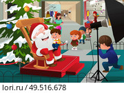 A vector illustration of kids lining up in the mall waiting to take pictures with Santa Claus. Стоковая иллюстрация, агентство Ingram Publishing / Фотобанк Лори