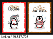 Merry Christmas greeting card with penguin in the warm hat that holding lovely red heart. Vector joyfull penguin wearing knitted striped sweater. Merry Christmas Greeting Cards from Cute Penguins. Стоковая иллюстрация, агентство Ingram Publishing / Фотобанк Лори
