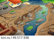 A vector illustration of monsoon rain resulting in flood an mudslide. Стоковая иллюстрация, агентство Ingram Publishing / Фотобанк Лори
