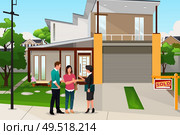 A vector illustration of real estate agent handing the key to a couple. Стоковая иллюстрация, агентство Ingram Publishing / Фотобанк Лори