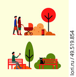 People relaxing in autumn park, family with pram vector. Man playing with bird, cat on wooden bench surrounded by green bushes. Fall season trees. People Relaxing in Autumn Park, Family with Pram. Стоковая иллюстрация, агентство Ingram Publishing / Фотобанк Лори