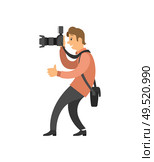 Videographer recording video or taking photo with modern digital camera. Man making picture, showing approval sign with thumb finger up vector isolated. Videographer Recording Video, Taking Photo Camera. Стоковая иллюстрация, агентство Ingram Publishing / Фотобанк Лори