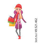 Woman in purple winter coat with packages in hands isolated vector. Female in red scarf and hat with shopping bags, Christmas holidays celebration, cartoon style. Woman in Purple Winter Coat with Packages in Hands. Стоковая иллюстрация, агентство Ingram Publishing / Фотобанк Лори