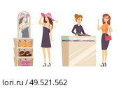 Female trying different hats in shop set vector. Jewelry store with consultant advising to buy gold ring with diamond. Customer with precious stone. Female Trying Different Hats in Shop Set Vector. Стоковая иллюстрация, агентство Ingram Publishing / Фотобанк Лори