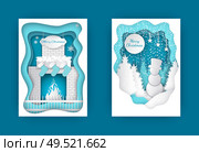Merry Christmas cut out cards snowman in forest and fireplace with burning fire, decorated by Santa socks and fir tree branches. Vector brochures design. Christmas Fireplace with Burning Fire, Snowman. Стоковая иллюстрация, агентство Ingram Publishing / Фотобанк Лори