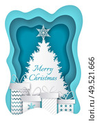 Merry Christmas blue and white paper cut. Fir-tree with big star and four different presents with bows. Handmade gift on holiday vector illustration. Merry Christmas Paper Fir-tree and Presents Vector. Стоковая иллюстрация, агентство Ingram Publishing / Фотобанк Лори