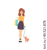 Female shopaholic walking with pet dog vector. Woman customer returning from shopping with paper bags, handbag on shoulder. Shopper with purchases. Female Shopaholic Walking with Pet Dog Vector. Стоковая иллюстрация, агентство Ingram Publishing / Фотобанк Лори