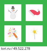 Holiday decorations for celebration New Year, snowman with Santa hat and confetti with bright sparkler vector. Flat Christmas icons isolated on green. Holiday Decorations for Celebrating New Year Icons. Стоковая иллюстрация, агентство Ingram Publishing / Фотобанк Лори